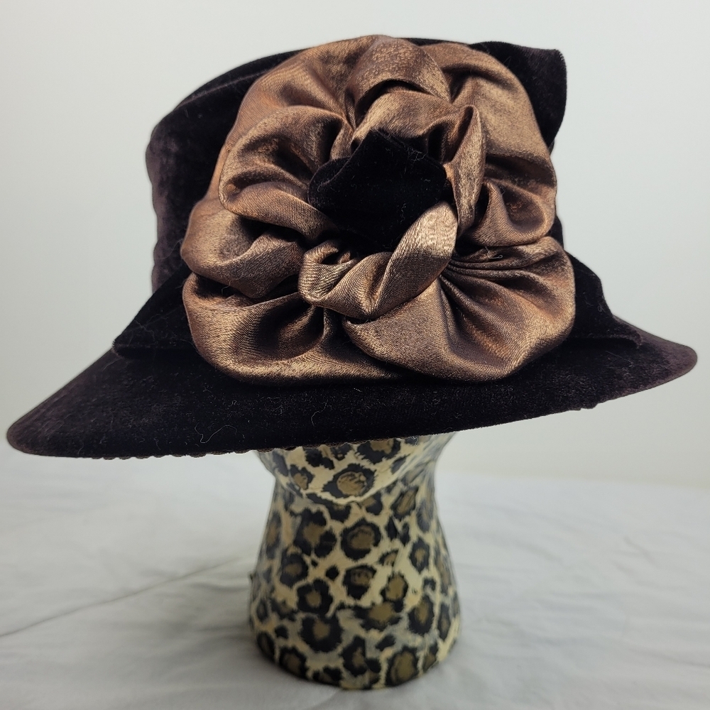Giovannio Dark Brown Velvet Hat Brim Large Satin Flower Fancy Bucket Coquette OS